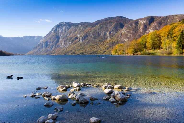 Stunning autumn view of Lake Bohinj in Triglav National Park, Slovenia. Crystal-clear waters, colorful forests, and alpine mountains create a peaceful escape for nature lovers and hikers.