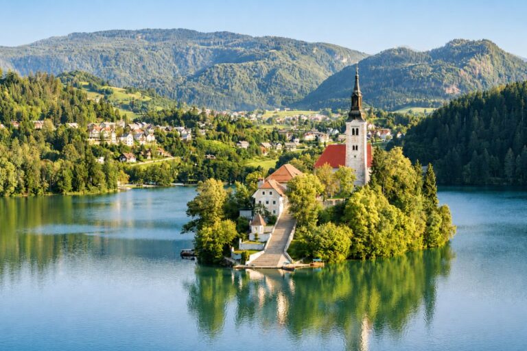 Lake Bled with island and church Aerial view of Lake Bled with its island and Church of the Assumption.
