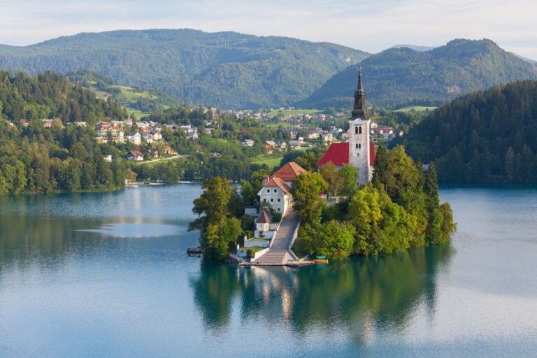 Aerial view of Lake Bled with its island and Church of the Assumption.