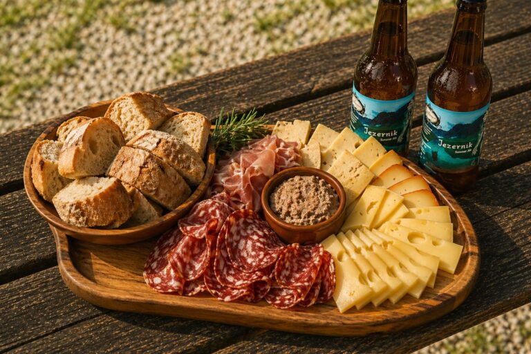 local-picnic-2 Wooden board with local Slovenian cheese, salami, bread and craft beer