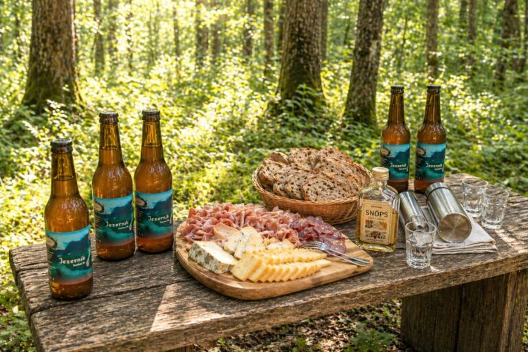 Local Picnic in Nature Local snack picnic with Slovenian craft beer in a forest setting