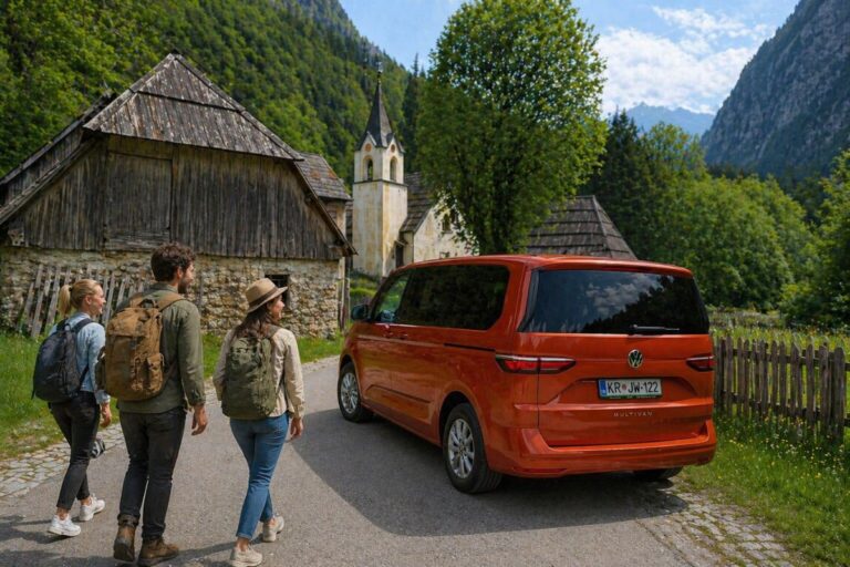 Soča Valley Day Trip Small group walking near an orange van in the Soča Valley