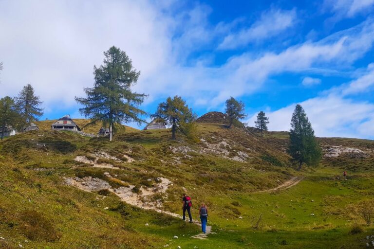 View of the Krstenica alpine pasture with wooden shepherd huts and hikers on the trail.