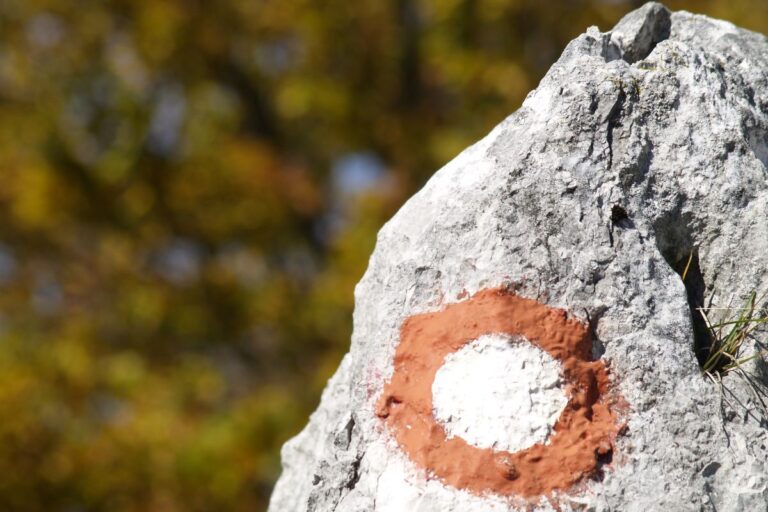 Mountain trail marker (red circle with a white center) painted on a rock.