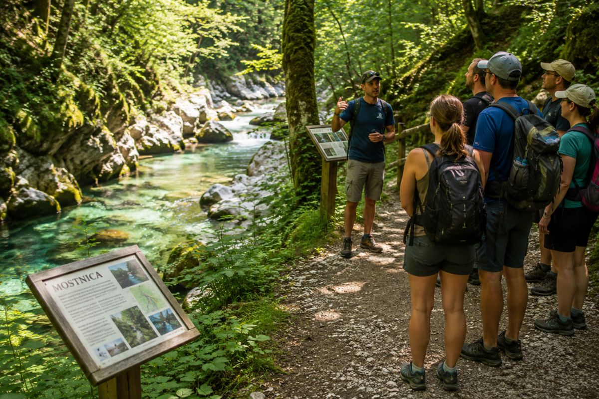 Small group on a guided walking tour along the Mostnica Gorge near Stara Fužina, Bohinj, Slovenia.