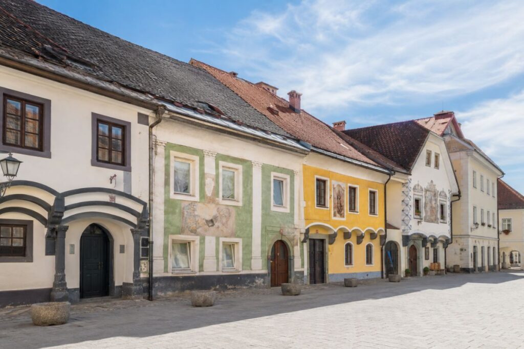 Colorful historic houses on Linhart Square in Radovljica old town, Slovenia